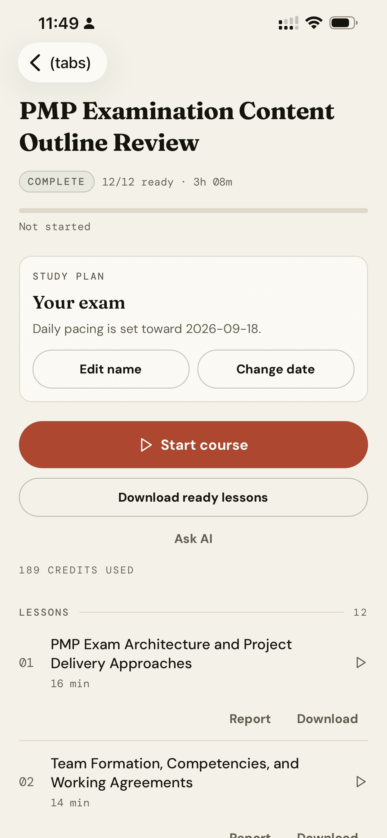 CramClip course screen showing a complete 12-lesson PMP course with a study plan and lesson list.