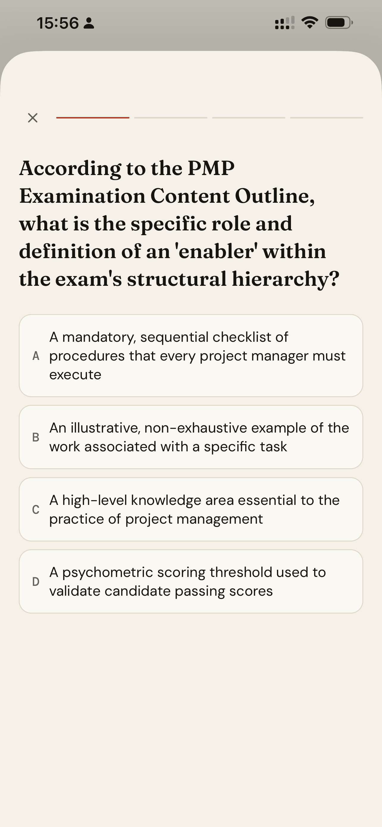 CramClip lesson quiz showing a PMP exam question with four answer choices.