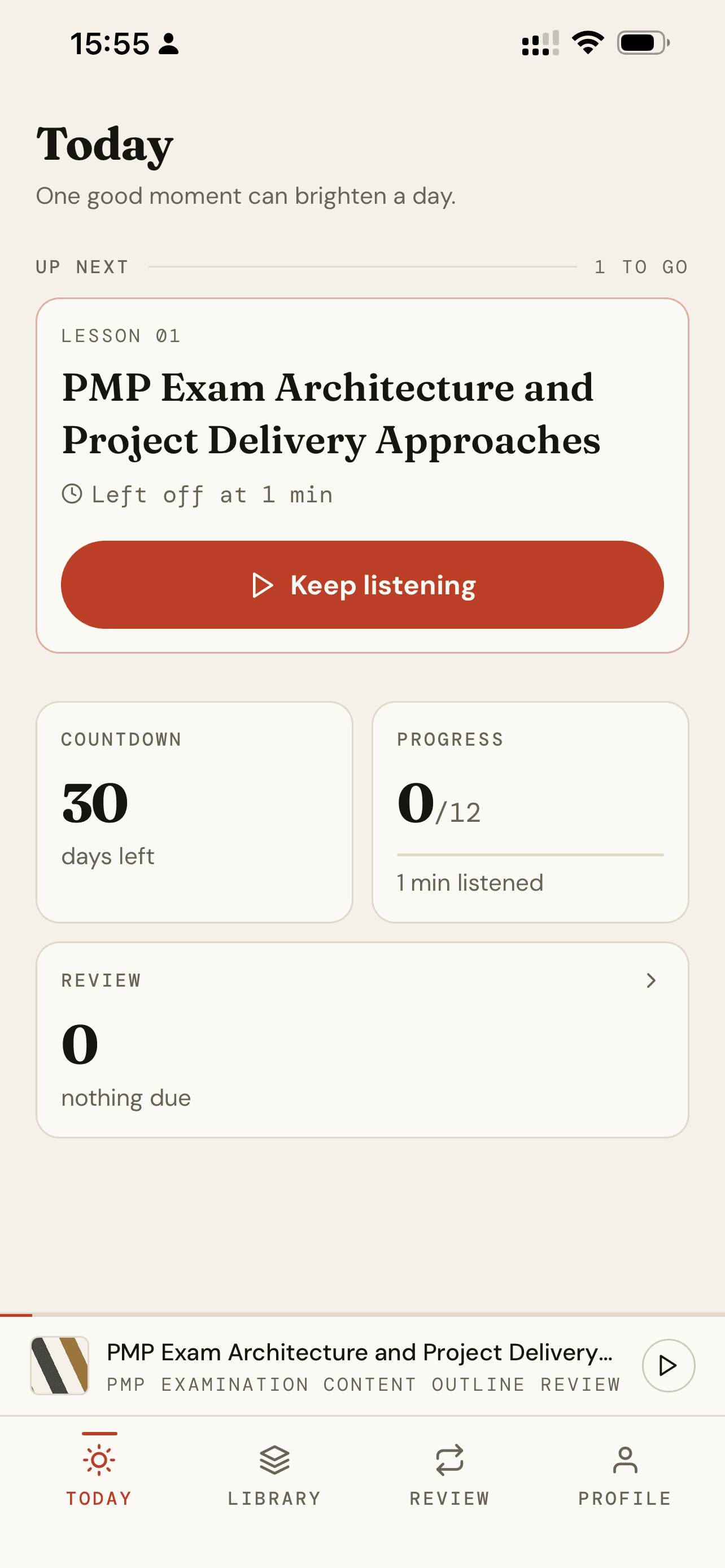 CramClip Today screen with the next lesson, a 30-day exam countdown, and course progress.